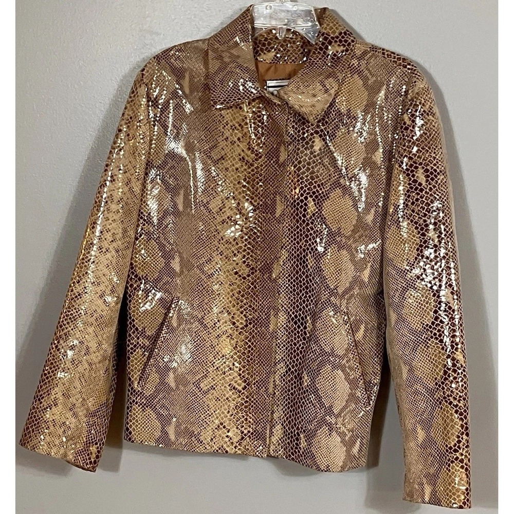 Vera Pelle Snakeskin Print Leather Jacket Women's Size 10/48 Made in Italy Brown